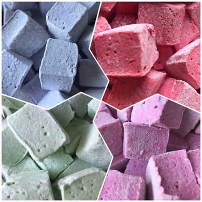 Gourmet marshmallows. We offer 40+ flavors. Pictured: fall fruits - grape, apple, pear, & pomegranate.