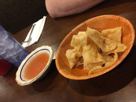 Free crispy wonton chips with sauce