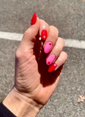 Pink and red gel acrylic manicure