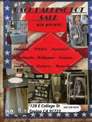 Saturday 25th and Sunday 26th  Back parking lot Sale. in the alley way.. having a sale on tools , furniture, carpet and house hold decor.