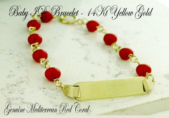 14Kt Baby Red Coral Bracelet. Engravable ID. http://www.silara.net/id-coral-14kt/