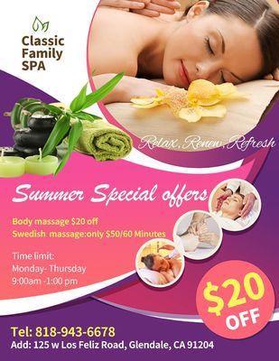 Summer Promotion
Swedish Massage: $20 In the Morning.
Monday - Thusday 
9:00 Am- 1:00 Pm