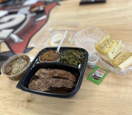 Oxtail Gumbo, Candied Yams, Greens, Beef Short Ribs, & Garlic Bread