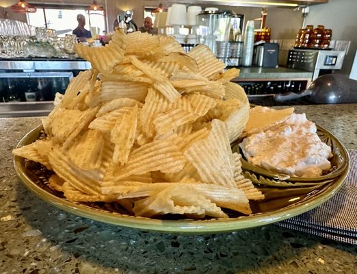 French Onion Dip with chips to snack on, Sept 2024.