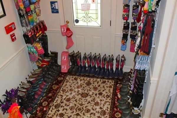 Socks are so much fun! We have our "foyer" dedicated to socks and gloves. Also wellies and muck boots!