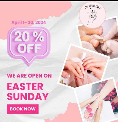 Enjoy a 20% discount on all services from April 1 to April 30, 2024, at J&J Nails and Spa in Centennial, Colorado.