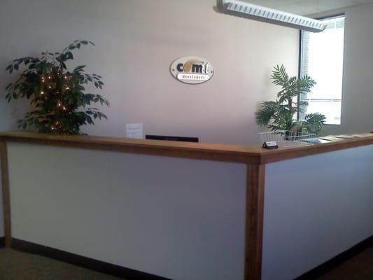 Reception desk, sans receptionist. Don't worry, you'll be greeted by a smiling face if you drop in for a meeting.