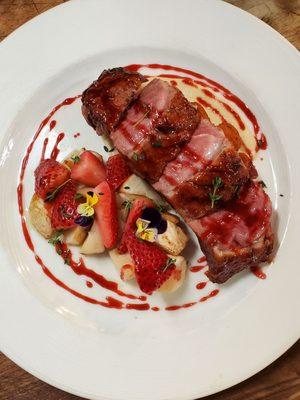 Pan roasted duck breast | butter poached turnips | mascerated strawberries | strawberry and rosemary sauce