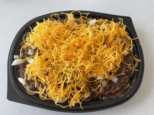 Chili 5-way. Cincinnati chili, spaghetti, beans, onions, and cheese.