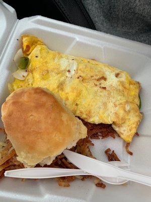 Rebel Rooster Omelet with a biscuit and hashbrowns