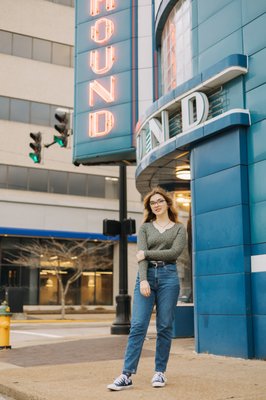 Downtown Evansville Senior Photography Session in front of Bru Burger