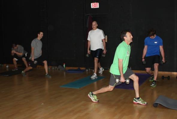 Men's class at our indoor location, Sway Dance Center. You NEVER have to miss a workout due to rain or cold!