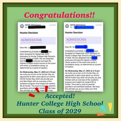 [2023] Accepted to Hunter College High School(HCHS) Class of 2029. Congrats, A and M!!