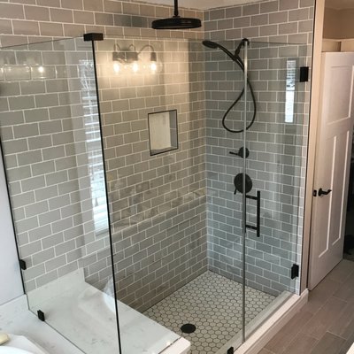 Rustic Contemporary spa like shower with Oil Rubbed Bronze hardware