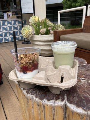 Yogurt parfait and iced oat milk matcha latte