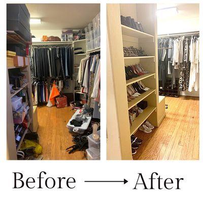 Closet make over - shoe display - color coordinate clothing - make it functional!