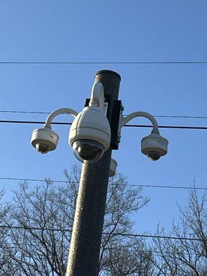 Outdated 1080p dome cameras most likely utilizing "Milestone's Xprotect" software for facial analysis.