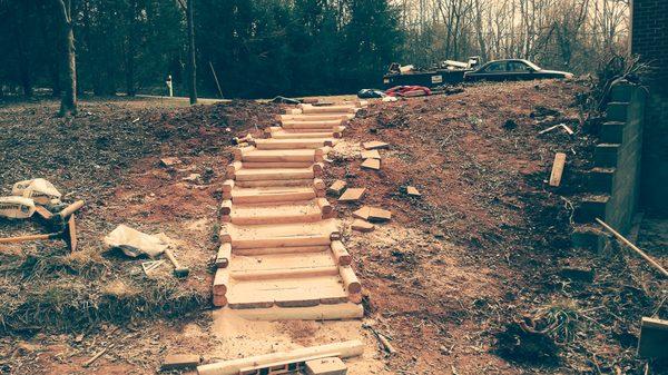 Landscape timber step walkway.