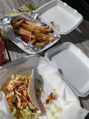 Pulled chicken tacos with regular fries