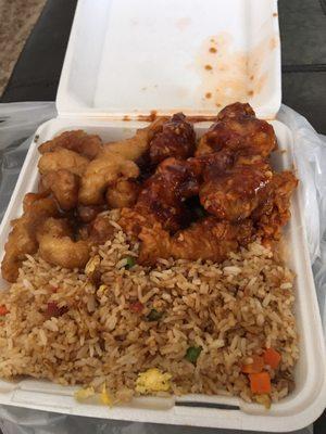 Pork fried rice, orange chicken and general's chicken