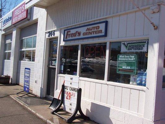 Fred's Auto Center front of shop, drop by for a reliable auto repair or service, or call: (203) 934-7251