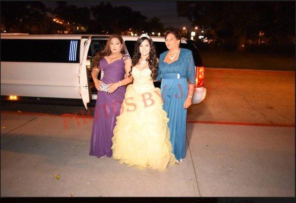 One of our limousine customers arriving to her Sweet 16 in style with our White 14 Passenger GMC Limousine.