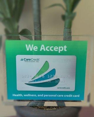 WE Accept the best Cosmetic Credit Card EVER!!! Get Pre-Qualified. Click on the link provided below. https://www.carecredit.com/go/553JMX/