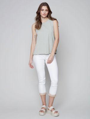 CharlieB white jeans with fringe bottom