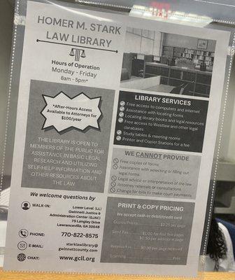 Law library  is free and open to the public- computers available for public use, printouts $1 page