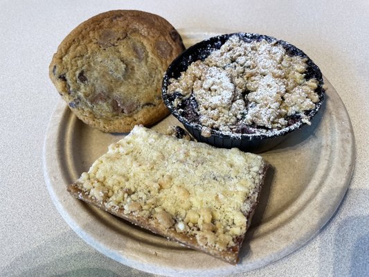 Desserts- Blueberry cobbler; fruit bat and a delicious chocolate chip cookie