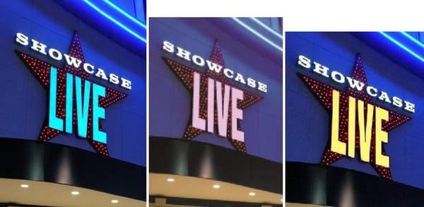 Color-changing LED channel letters - Showcase Live, Foxborough, Mass.