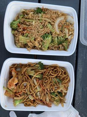 Shrimp lo mein and vegetable fried rice