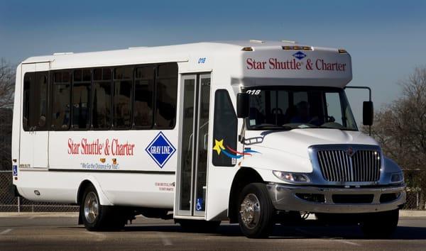 29-passenger mini-bus from Star Shuttle.  Perfect for party transportation.  Get there comfortably, safely and on time!  800-341-6000