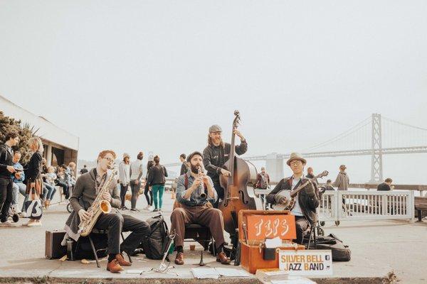 Busking at the Ferry Building, one of our favorite places to play!