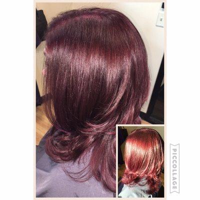 Same day just different lighting, client was wanting a violet red brown. Natural lighting to salon lighting..