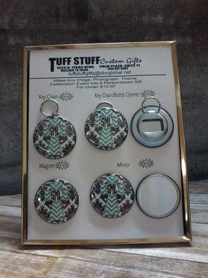 Customizable buttons, keychains, bottle openers and mirrors!