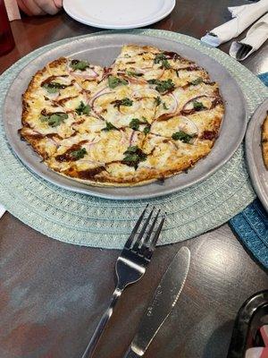 BBQ chicken pizza (small, thin crust). Yummy!