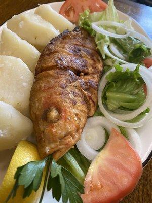 Fried Red Snapper (Pargo Frito) with boiled potatoes and salad