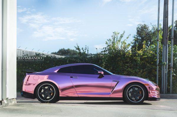 Nissan GTR wrapped in custom Rose Gold Chrome by Sharp Wraps