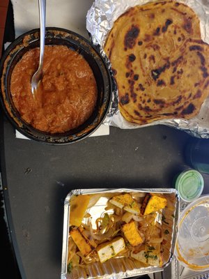 Lamb Rogan Josh, a huge Paratha, and Paneer Tikka (Delivery)