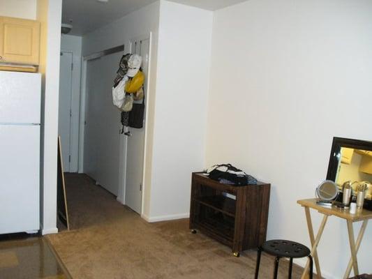 Studio-Hallway to the door. There is closet on right with sliding wooden doors and cabinet on left(not showing here.)