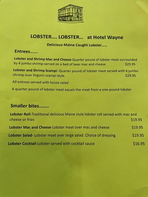 Special lobster menu