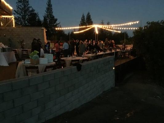 Party lights, on Patio, at dusk looking East