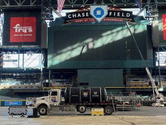 Chase Field, filling ballast bags for concert rigging