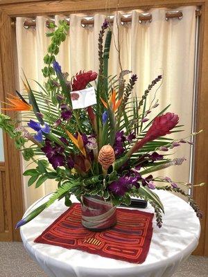 Unique tropical arrangement, 3rd of 3 sent by relatives for a Life Celebration (family specifically requested no funeral-like arrangements)