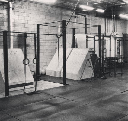 Our original pullup rig, with rings, ropes, and ninja warrior quad steps.