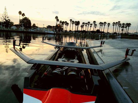 Our double (2x) ready to launch. We offer lessons in three boat sizes: a single (1x), a double (2x) and a quad (4x).