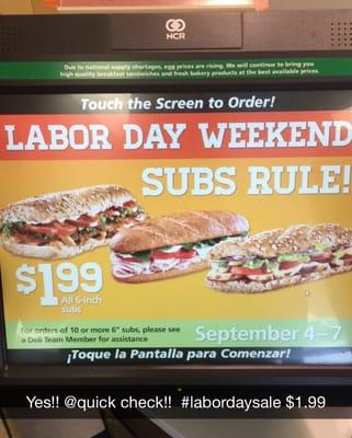 $1.99 subs all Labor Day weekend!! #quickchek