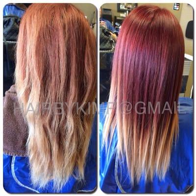 Before & After : Cut & Color. Ombre red - blonde transition