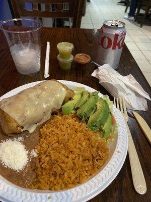 Chicken chimichanga, Rice and beans, plastic